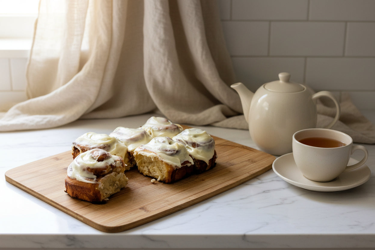 a six pack of cinnamon scrolls from Beau Baker in the Macedon Ranges with one broken off ready to take.