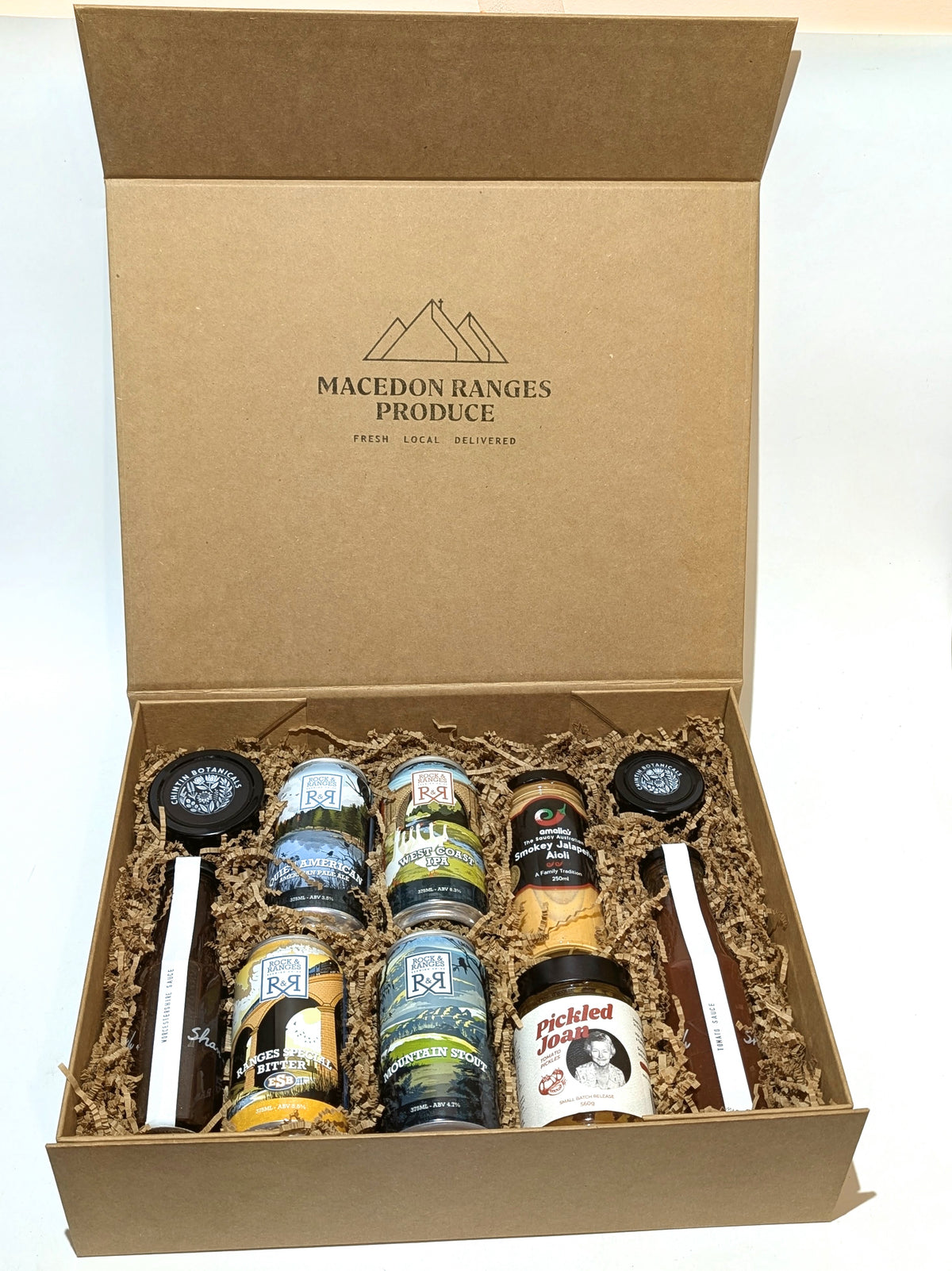 inside the beer and bbq gift hamper from Macedon Ranges Produce. 