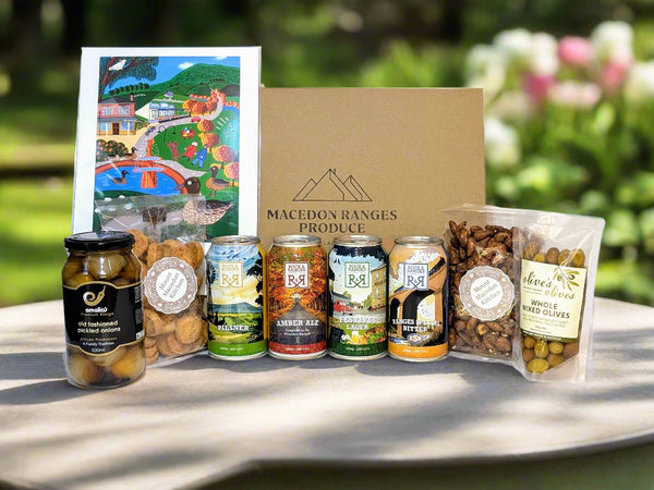  a gift hamper of Rock and Ranges beers and snacks from The Macedon Ranges