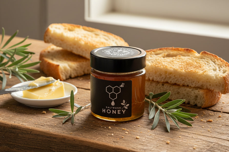 a jar of honey infused with salt bush from Chintin Botanicals in the Macedon Ranges