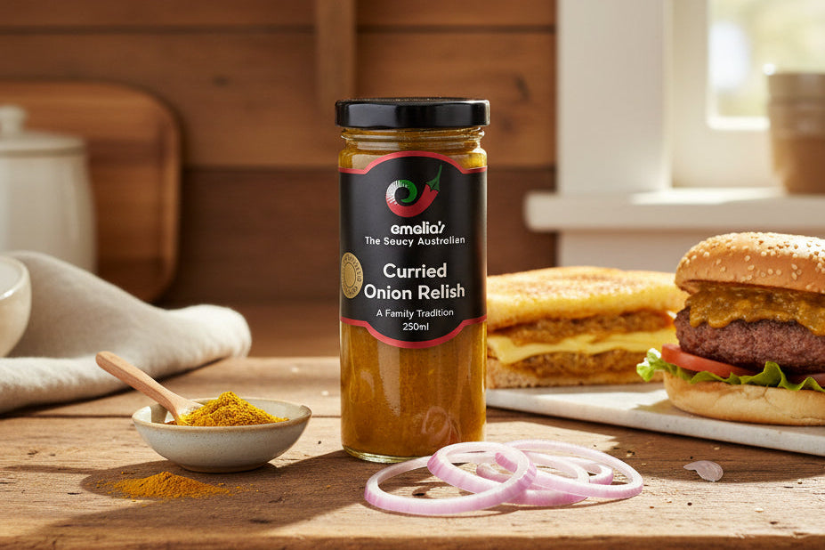 a jar of curried onion relish from Emelia's in the Macedon Ranges