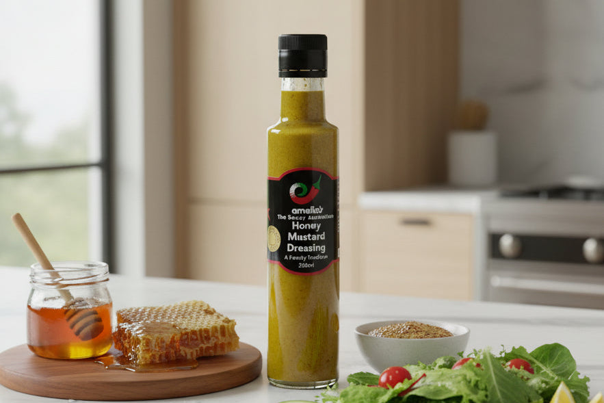 a bottle of honey mustard dressing from Emelia's in the Macedon Ranges