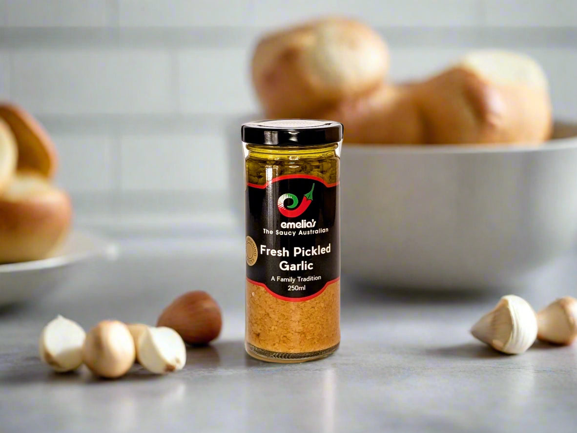 a jar of pickled garlic made in the Macedon Ranges