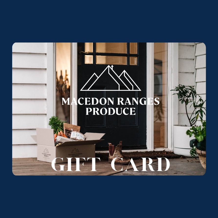 Gift card for Macedon Ranges Produce with a door and plants in the background