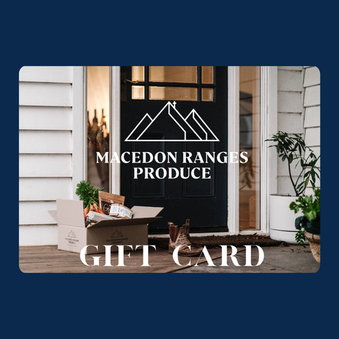 Gift card for Macedon Ranges Produce with a door and plants in the background