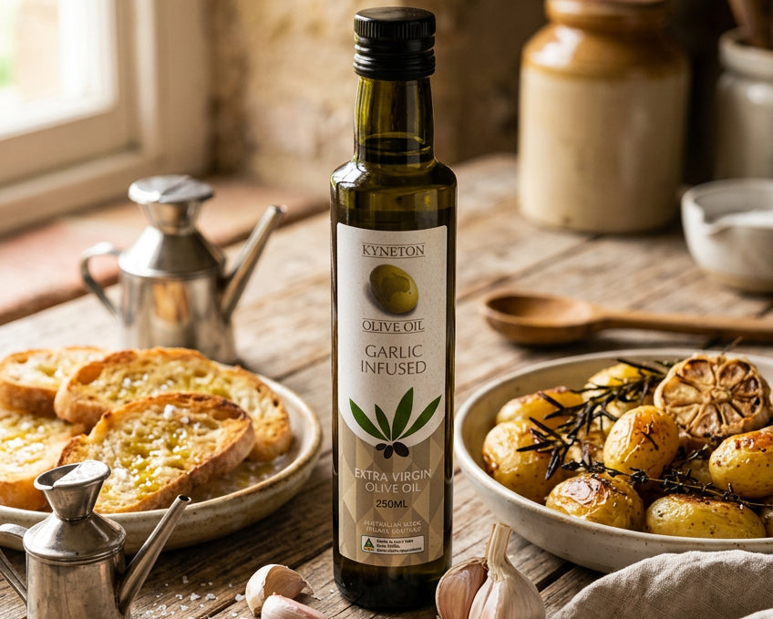 a bottle of Kyneton olive oil infused with garlic from the macedon ranges