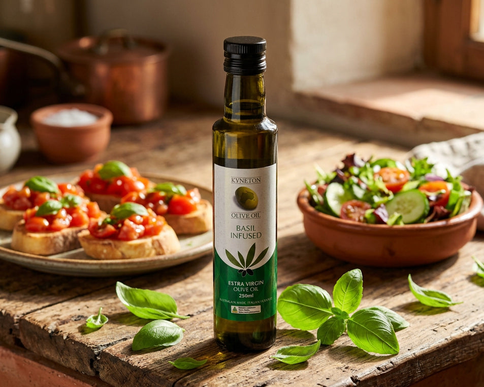 a bottle of basil infused olive oil from Kyneton Olive Oil in the macedon ranges