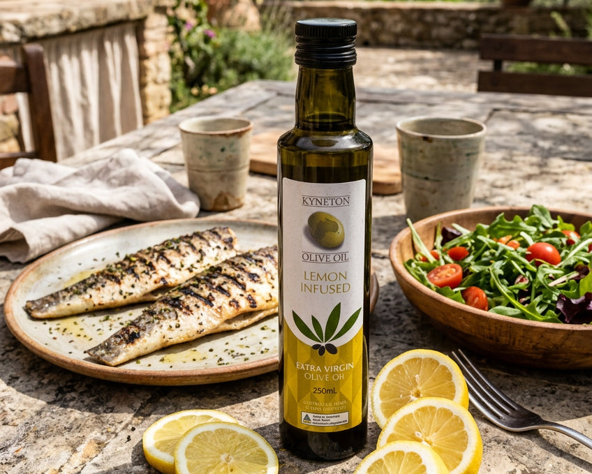 a bottle of Kyneton Olive Oil infused with lemon from the macedon ranges