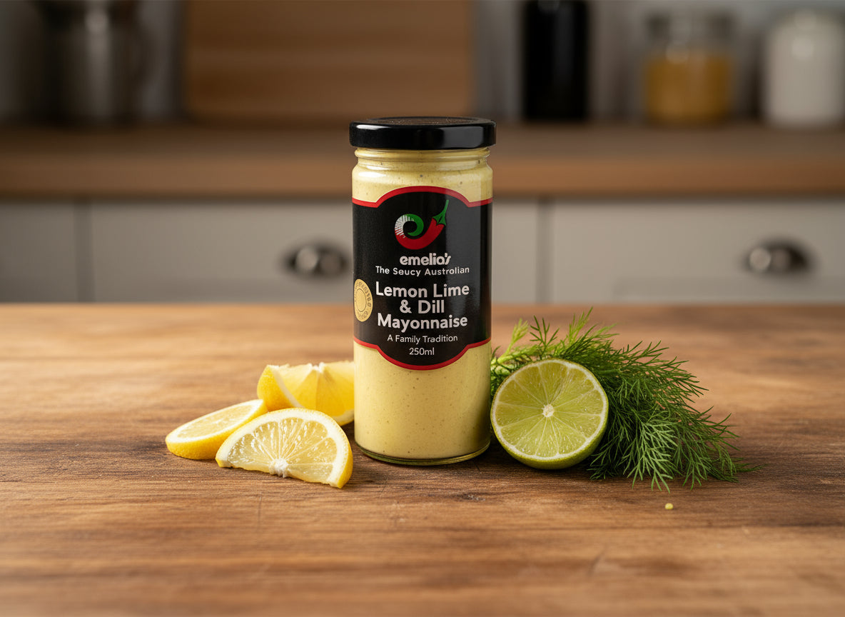 A jar or lemon, lime and dill mayonnaise from Emelia's in The Macedon Ranges.