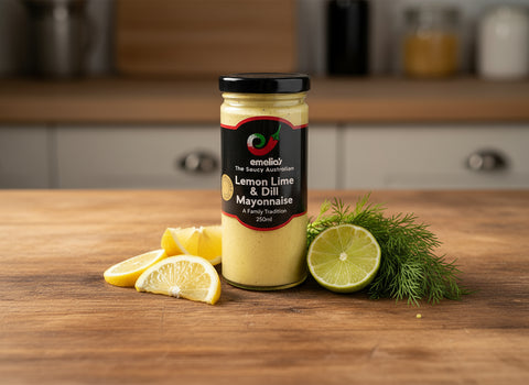 A jar or lemon, lime and dill mayonnaise from Emelia's in The Macedon Ranges.