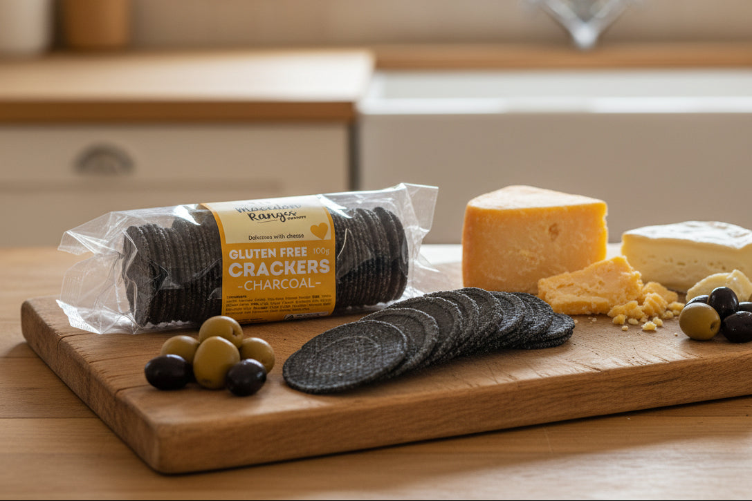a pack of gluten free charcoal crackers from The Macedon Pantry in the Macedon Ranges