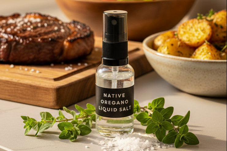 a small spray bottle of native oregano infused liquid salt.