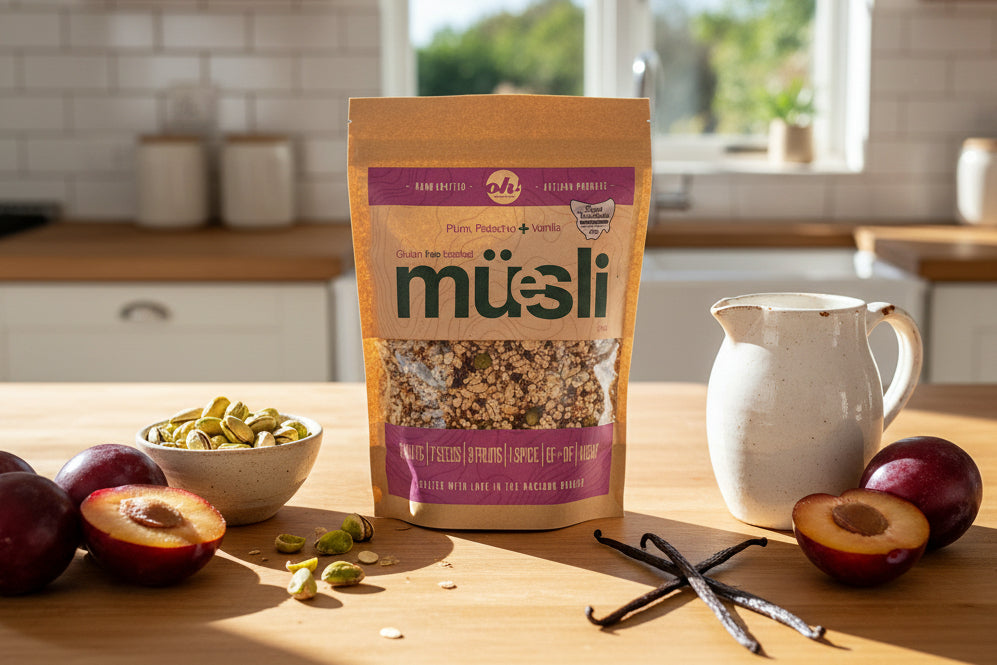pack of Oh So Good plum pistachio and vanilla muesli from the Macedon Ranges