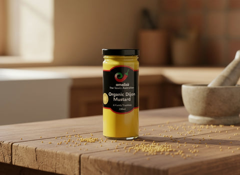 a jar of organic dijon mustard by Emelia's in the Macedon rnages