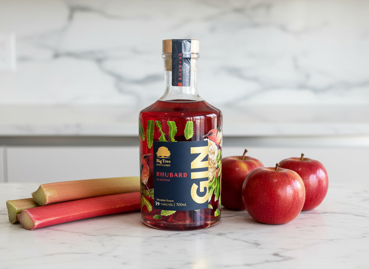 bottle of rhubarb gin from Big Tree Distillery in the Macedon Ranges