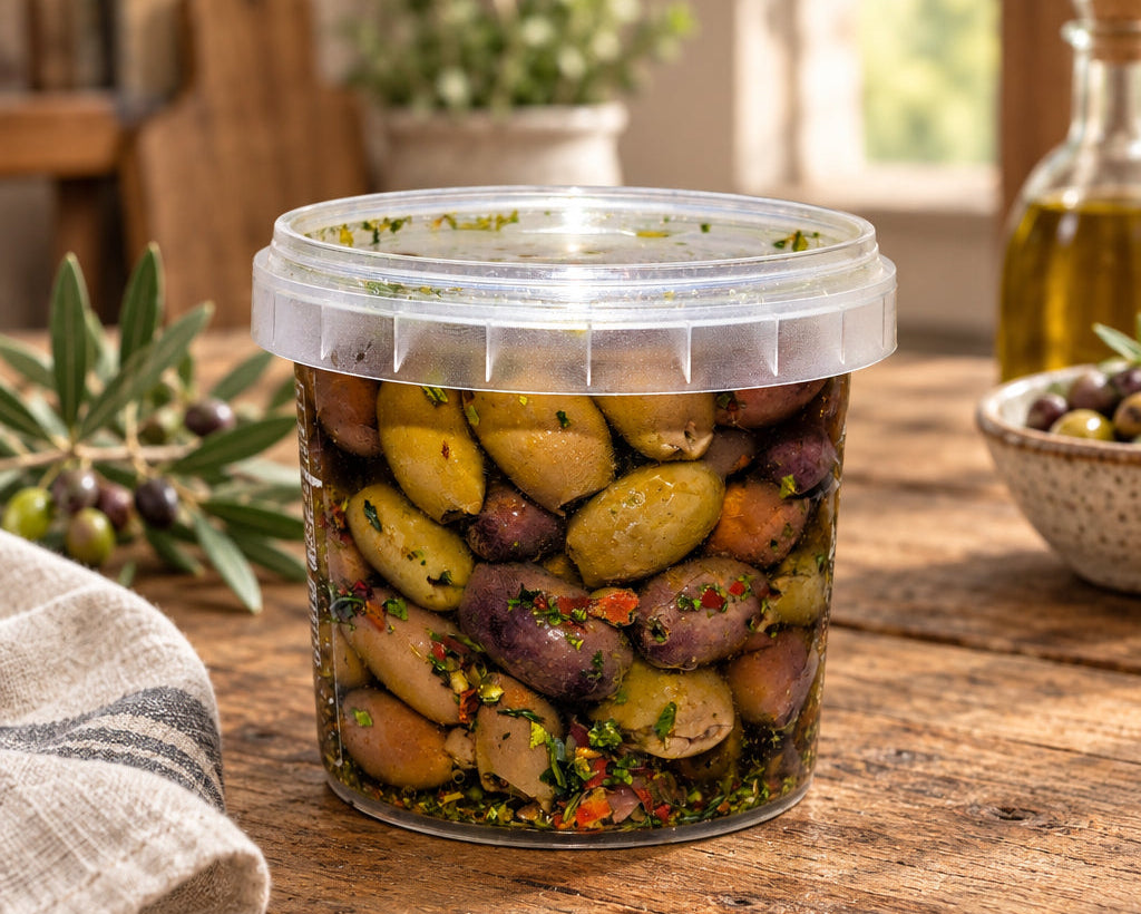 a tub of marinated kalamata pitted olives from The Macedon Ranges Pantry in the Macedon Ranges showing the contents