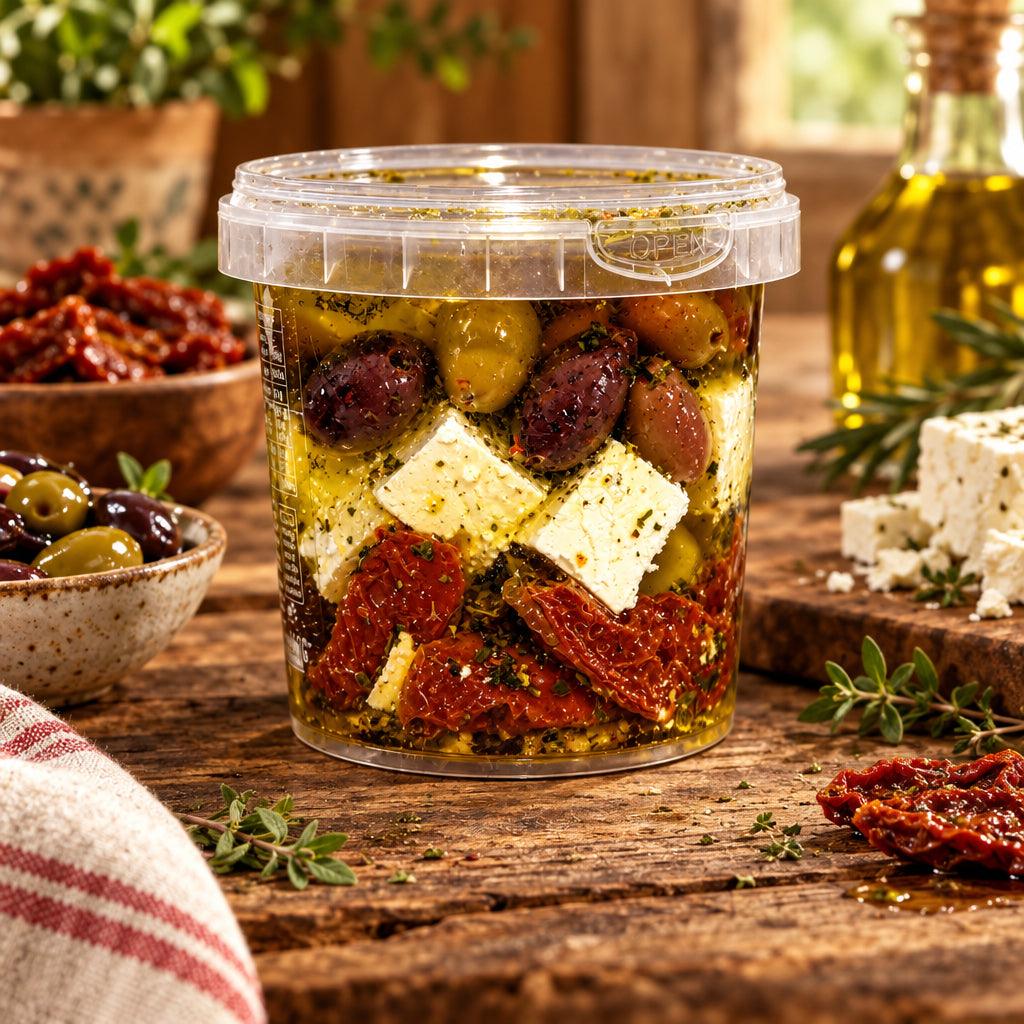 a tub of medeterranean antipasto mix showing contents from the macedon ranges