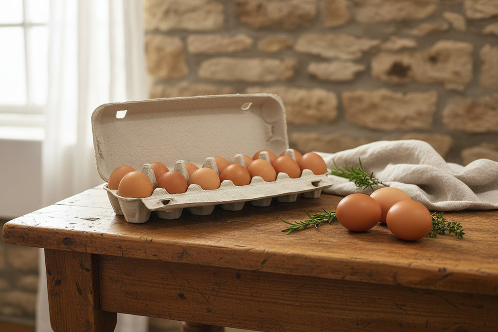 an open carton of Tall Poppy Organic soy free pastured eggs from the Macedon Ranges