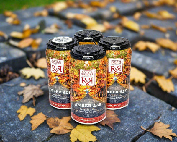 4 cans of Macedon Ranges amber ale beer in autumn leaves