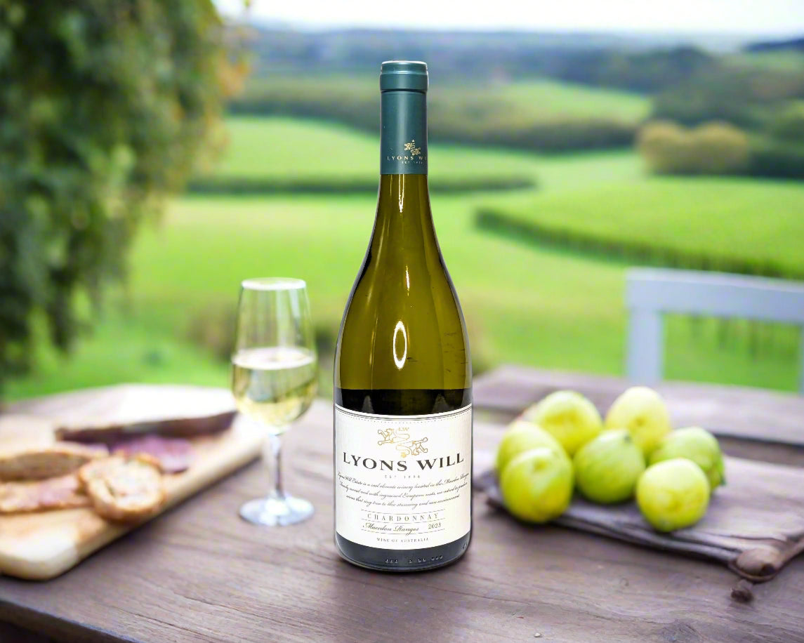 a bottle of chardonnay in outdoor dining setting in Macedon Ranges