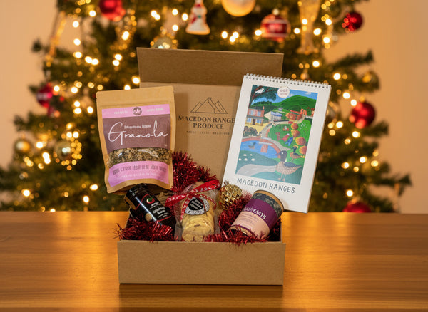 Christmas gift hamper full of local products from the Macedon Ranges