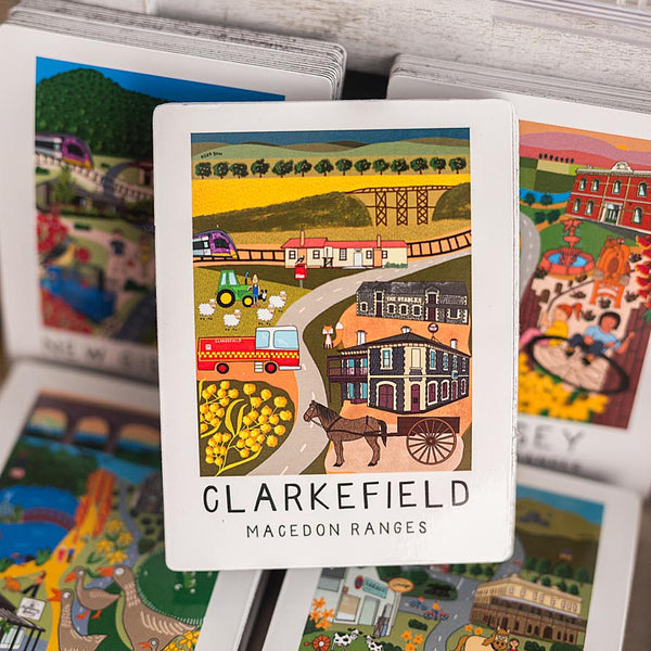 illustrated magnet featuring Clarkefield and other locations with colorful designs.