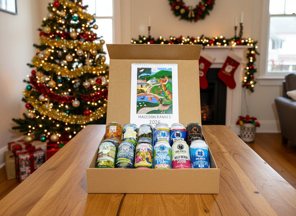 gift hamper of 12 craft beers from the macedon ranges with a elise gow calendar