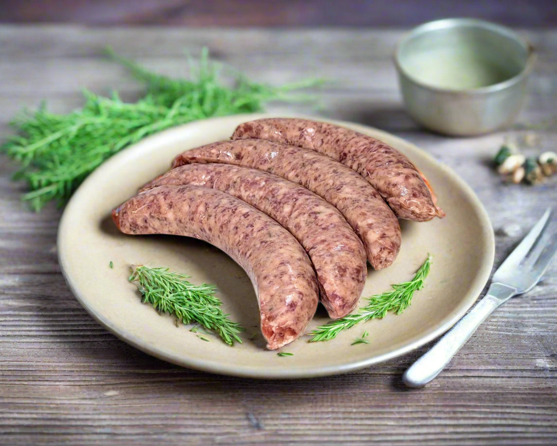 fennel sausages made in the Macedon Ranges on a plate with fresh fennel