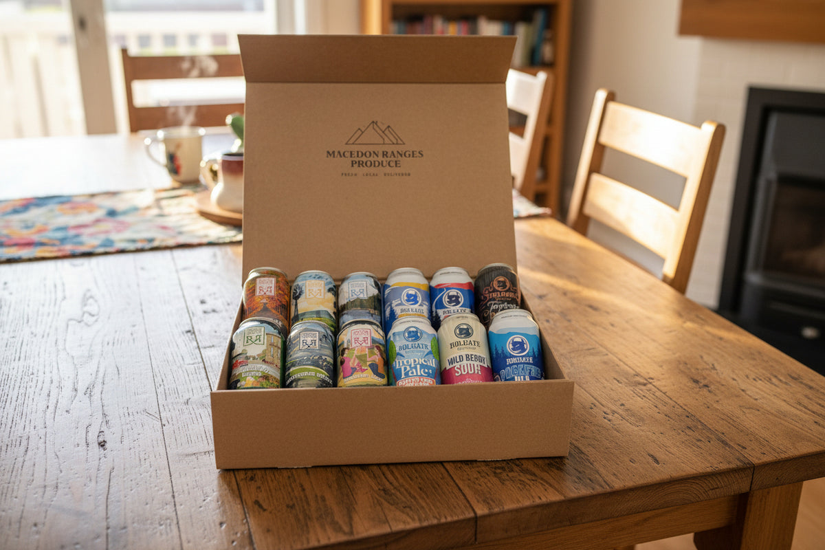 a box of 12 different craft beers from the macedon ranges
