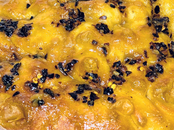 close up of Miso Spicy focaccia from Beau Baker in the Macedon Ranges