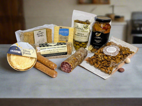 cheeses, salami, olives, pickles, nut and crackers from macedon ranges