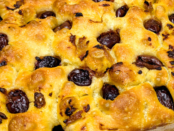 close up of olive focaccia from Beau Baker in The Macedon Ranges