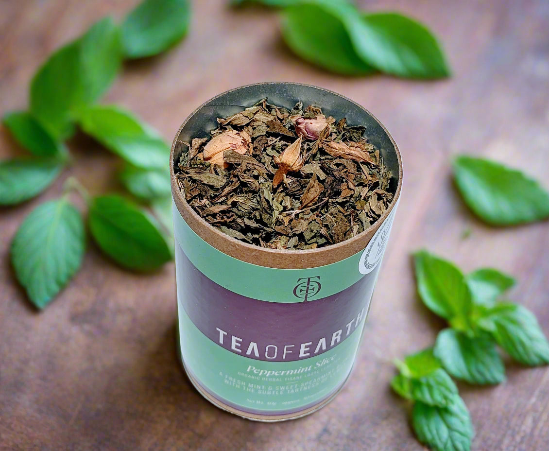 looking into a tin of peppermint slice tea hand blended in the macedon ranges