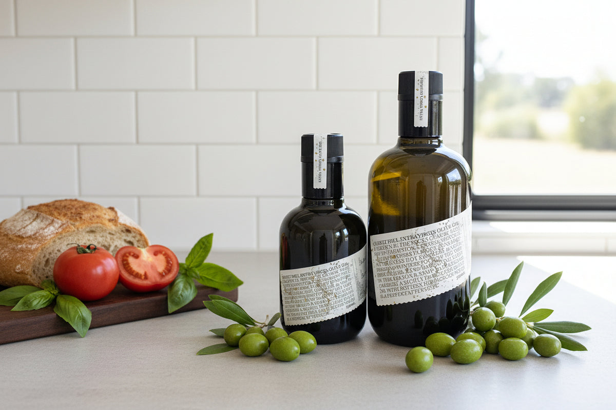 two bottles of quartz hill estate olive oil from the macedon ranges