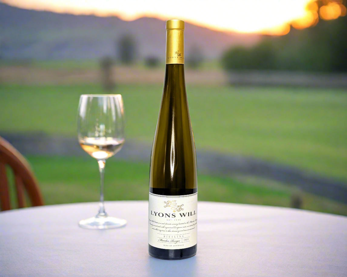 a bottle of Riesling on a table at sunset in the Macedon Ranges