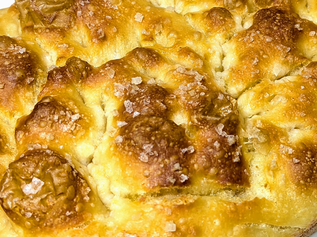 a close up of sea salt focaccia from Beau Baker in The Macedon Ranges