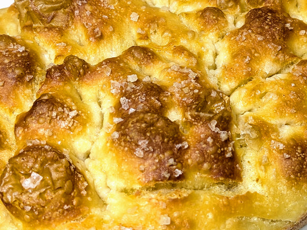 a close up of sea salt focaccia from Beau Baker in The Macedon Ranges