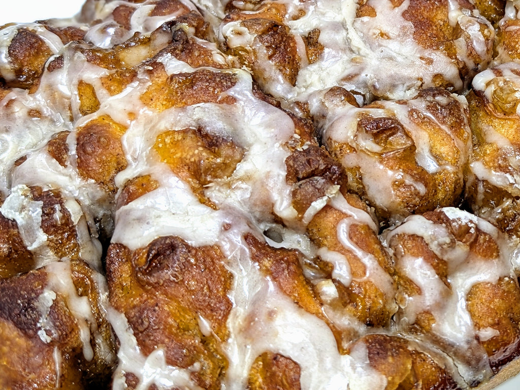 close up of a cinnamon scroll focaccia from Beau Baker in Teh Macedon Ranges