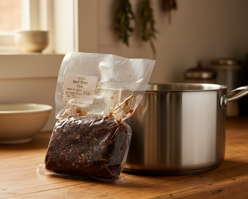 A pack of frozen organic beef mince from Tall Poppy Farm in the Macedon Ranges